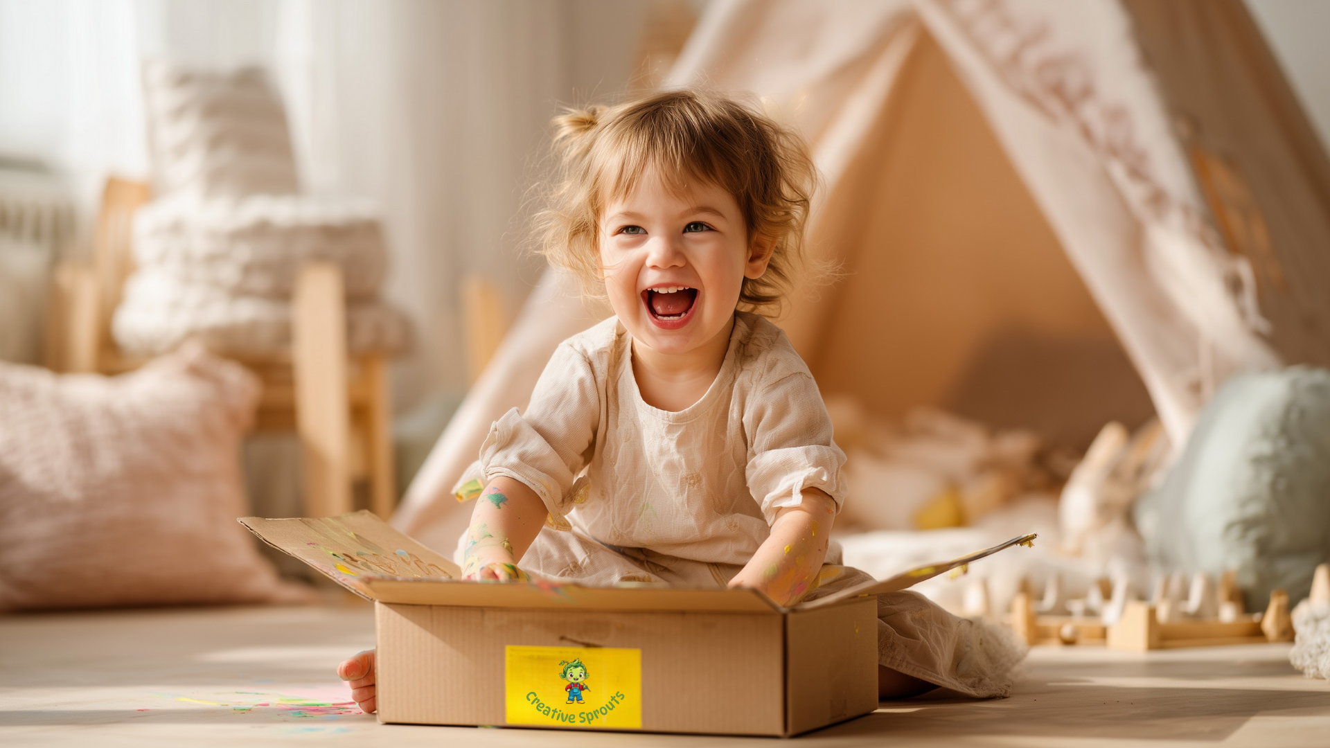 Toddler playing with a Creative Sprouts activity box